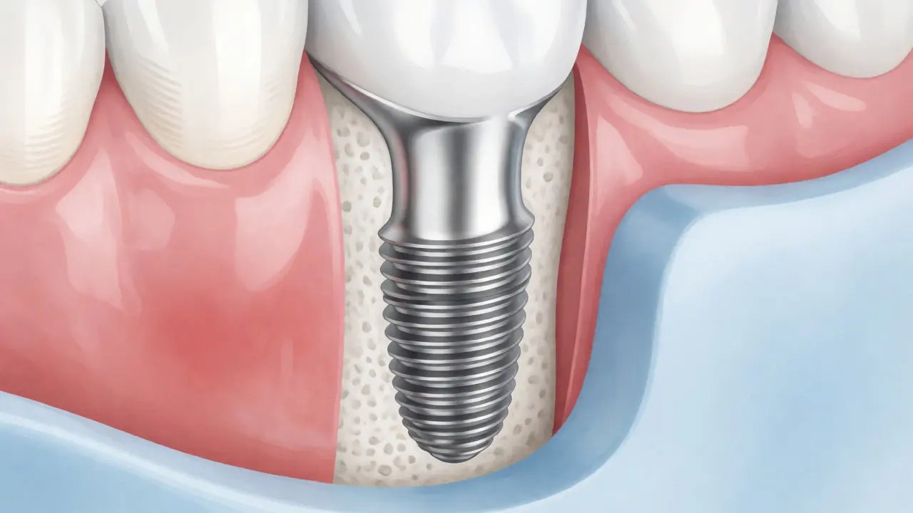 Lékařská ilustrace zavádění titanového zubního implantátu do čelistní kosti.