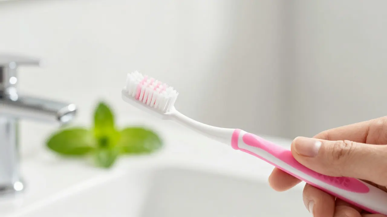 Správná technika čištění zubů kartáčkem pod úhlem 45 stupňů k dásním.