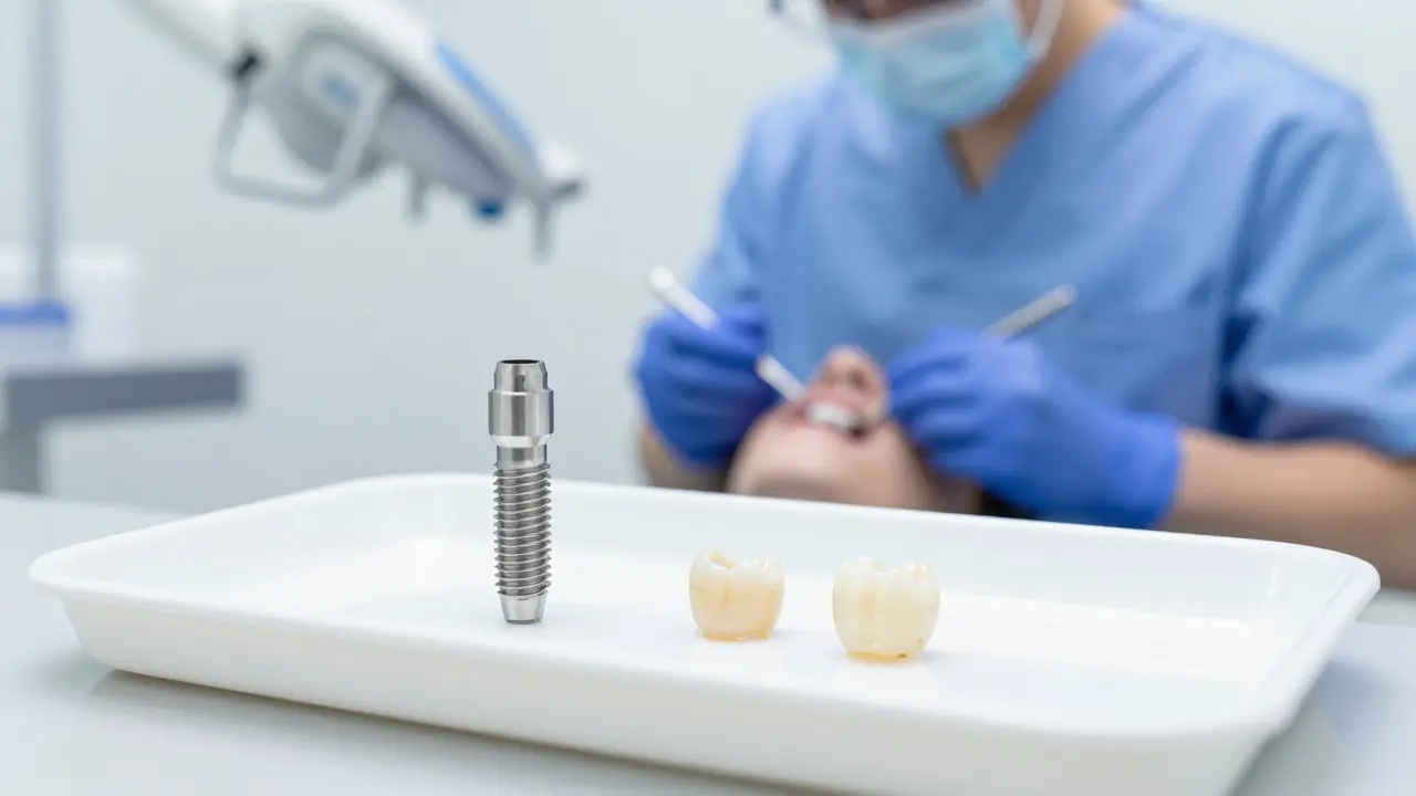 Titanový zubní implantát a keramická korunka na sterilním podnosu v ordinaci