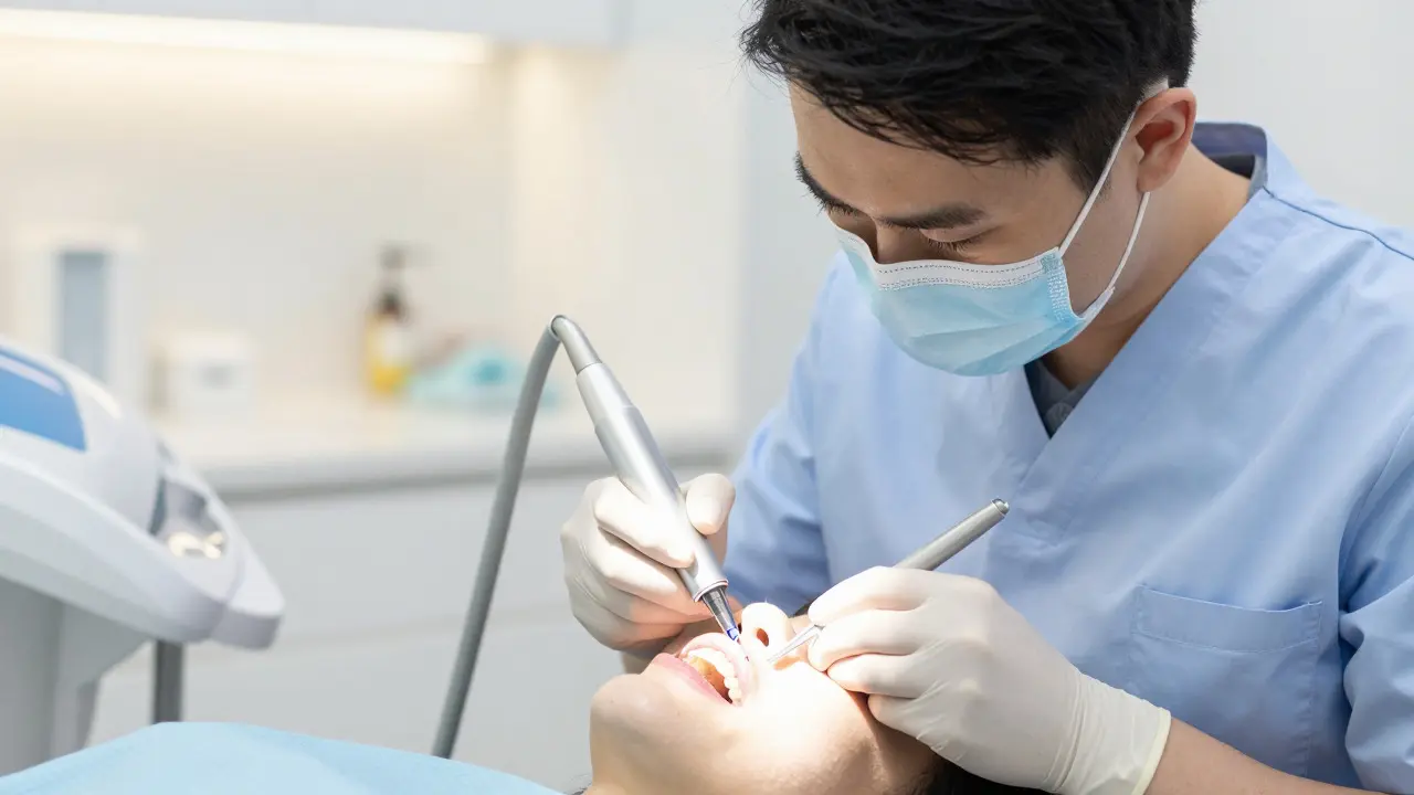 Zubní lékař provádí estetickou úpravu zubů pomocí kompozitního bondingu