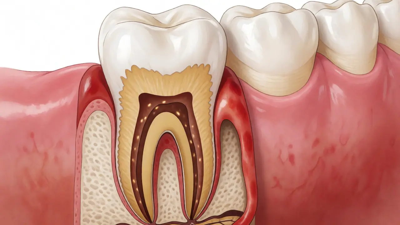 Anatomický řez zubem ukazující tmavý poddásňový kámen a zánět dásně