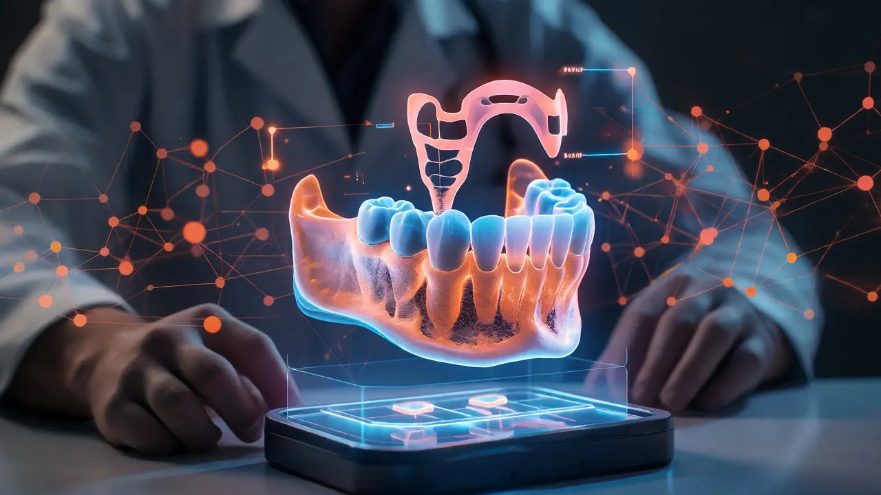 Holografický 3D model čelisti s virtuální chirurgickou šablonou a grafem umělé inteligence pro plánování implantace.