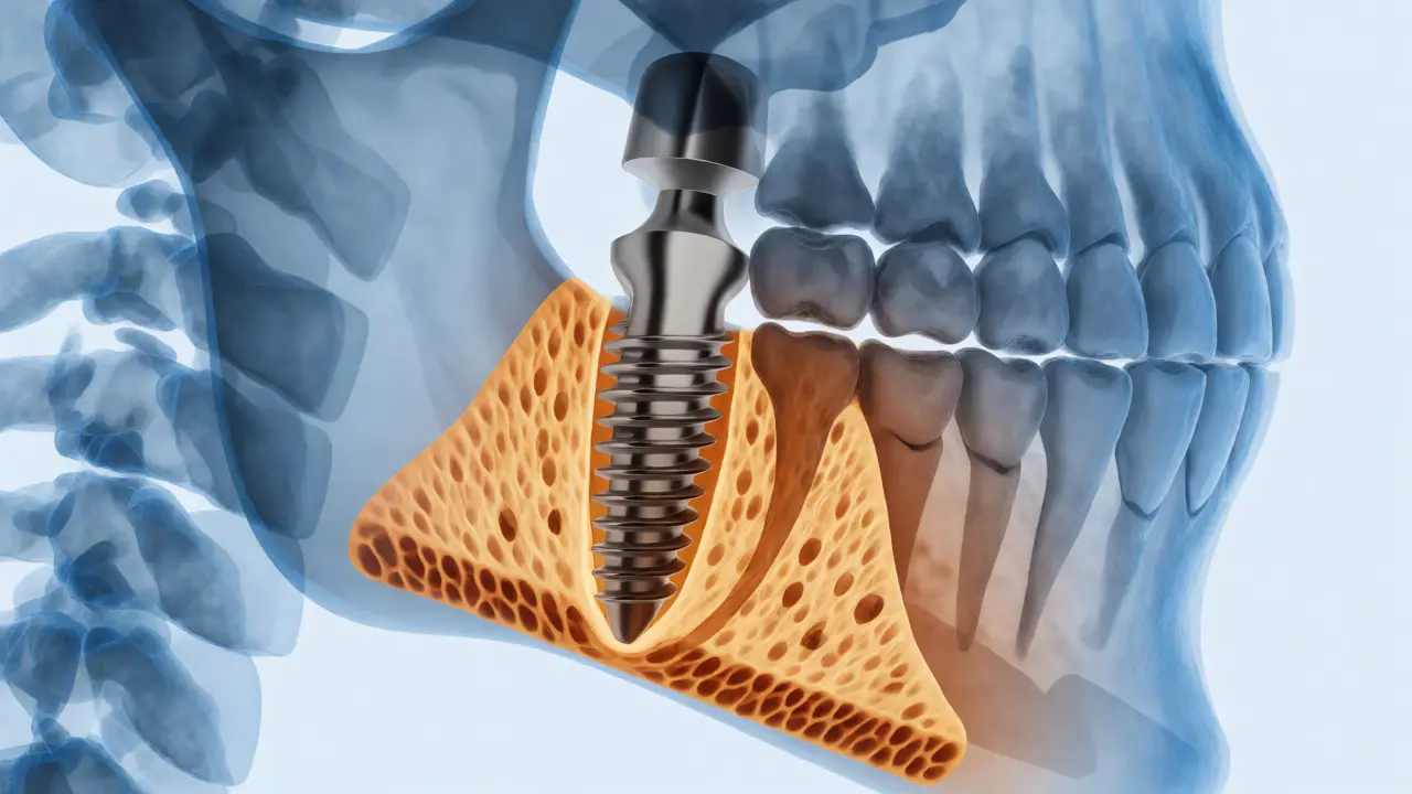 Ilustrace hojení kosti kolem zubního implantátu