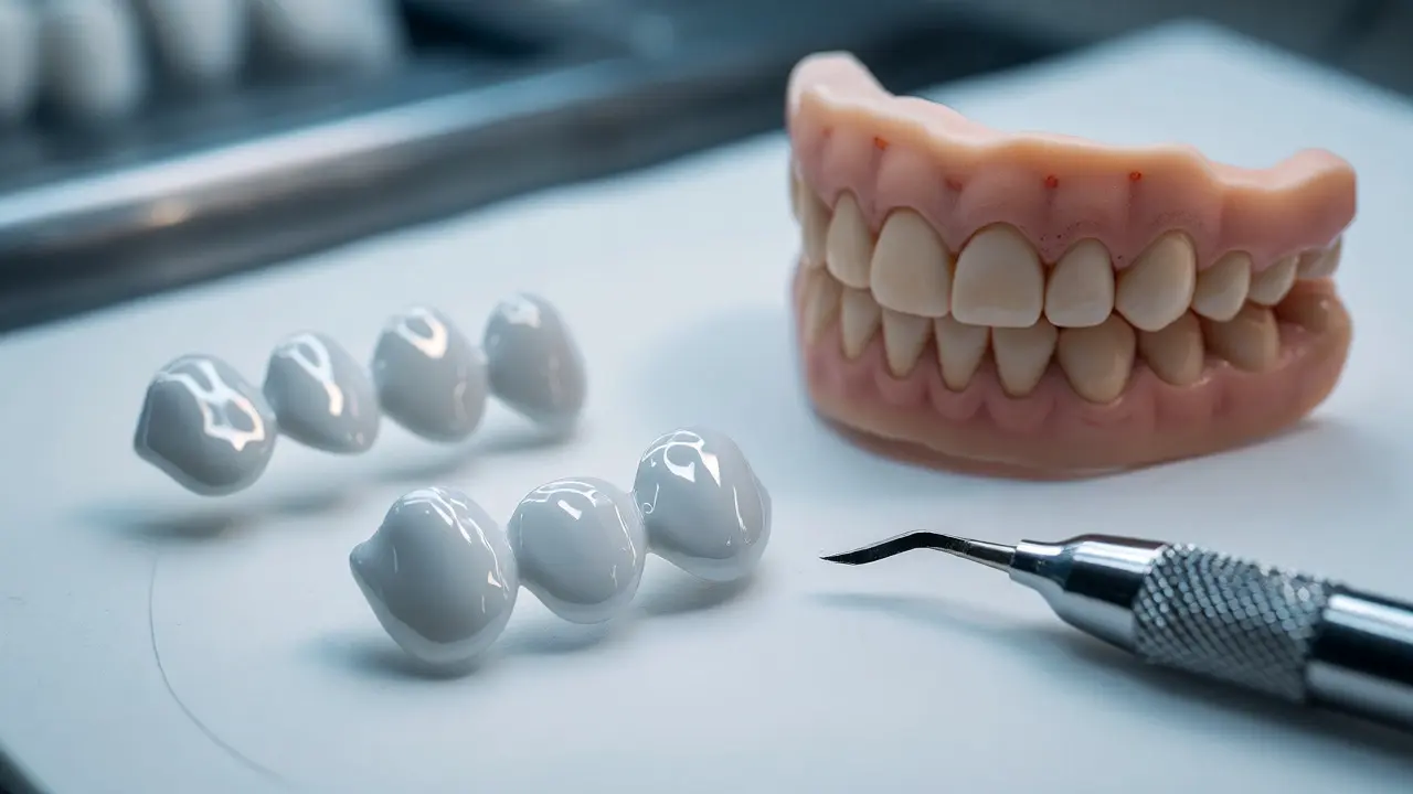 Maketa úsměvu a tenké keramické fazety na pracovním stole zubní laboratoře.