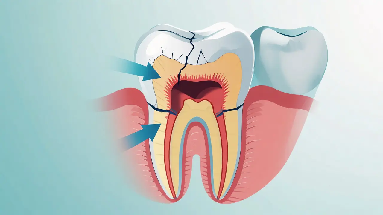 Řez zubem ukazující prasklinu ve sklovině a dentinu