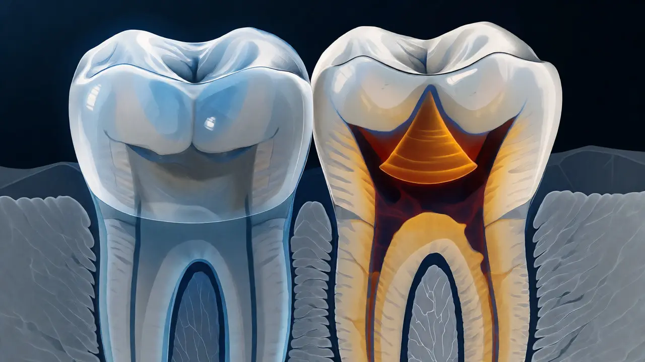 Řez zubem ukazující skrytý kaz v dentinu pod neporušenou sklovinou.