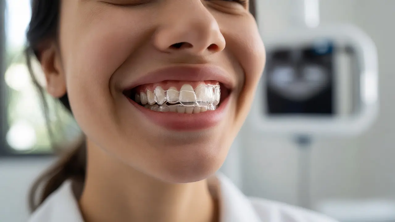 Úsměv mladé osoby s nasazenými průhlednými rovnátky Invisalign