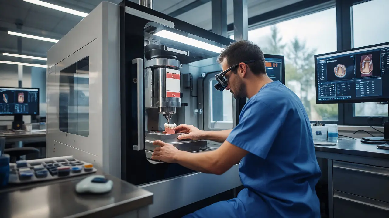 Zubní technik v laboratoři frézuje zirkonovou korunku pomocí CNC stroje s digitálním plánováním.