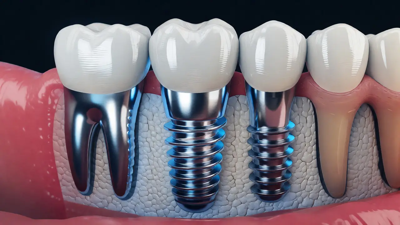 Anatomický řez titanovým zubním implantátem zabudovaným do čelisti.