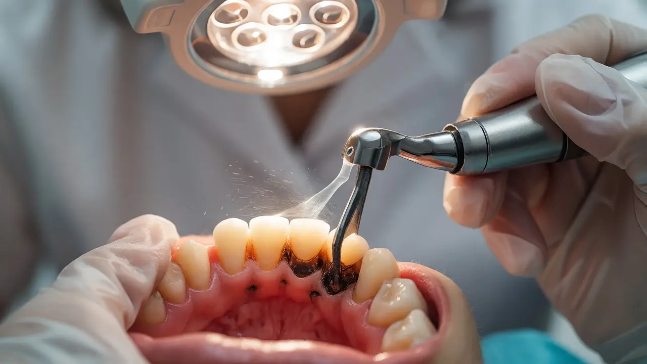 Dentální hygienistka odstraňuje kámen ultrazvukem