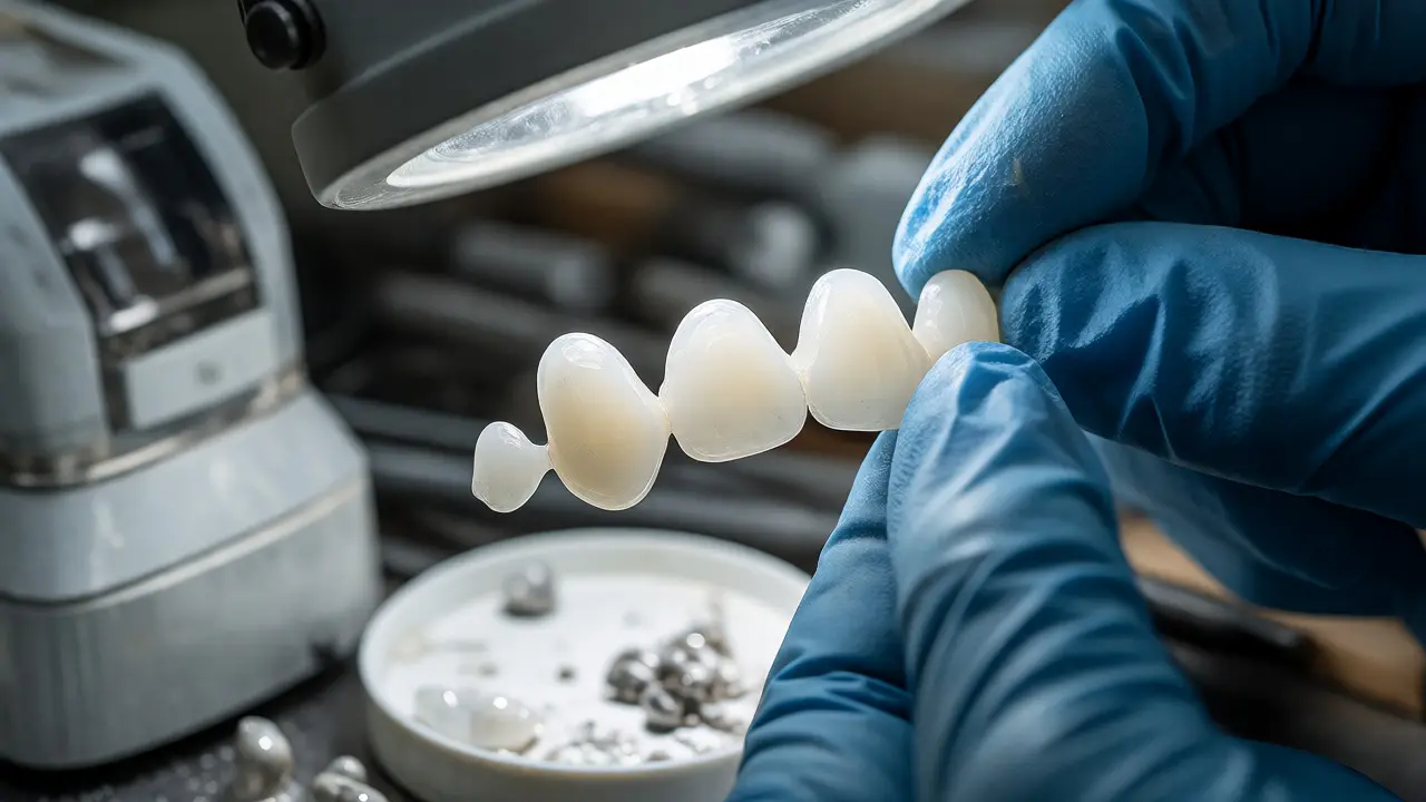 Dentální technik v laboratoři pečlivě zpracovává keramickou fazetu pod ostrým světlem.