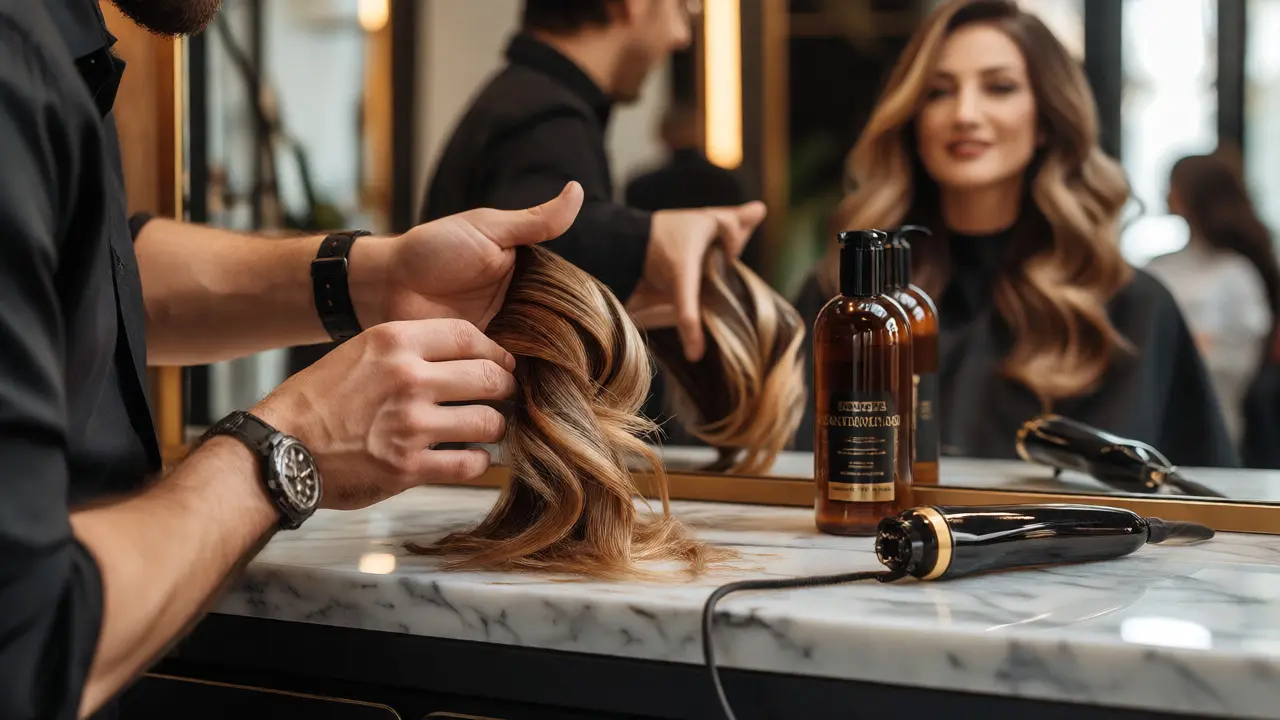 Detailní záběr na ruce kadeřnice provádějící techniku balayage.