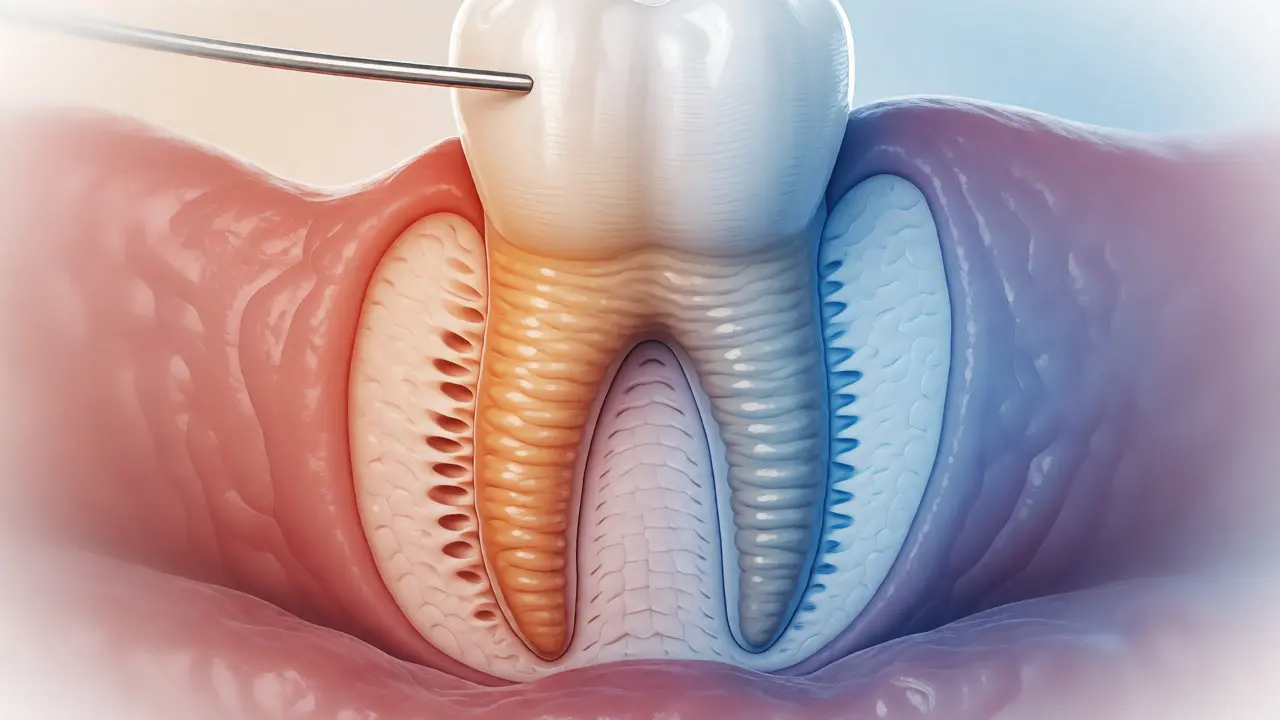 Ilustrace biologické přestavby kosti kolem kořene zubu při tlaku drátu.
