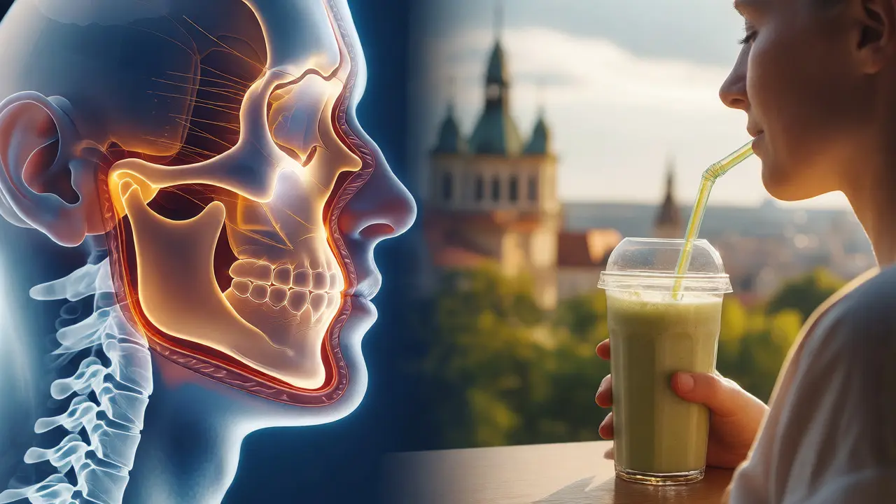 Konceptuální znázornění hojení kostí po operaci obličeje a návrat k běžnému životu.