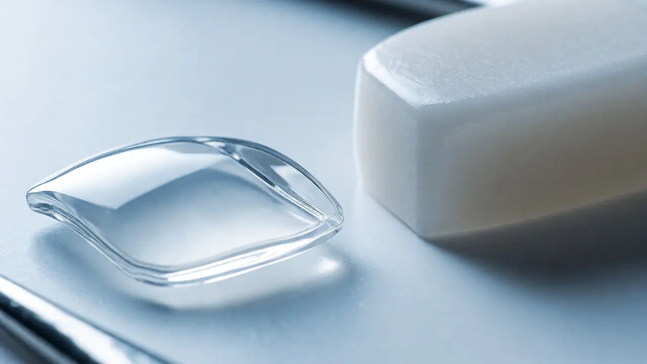 Makro snímek porovnávající průsvitný keramický fazet E-max a pevný zirkonový materiál.