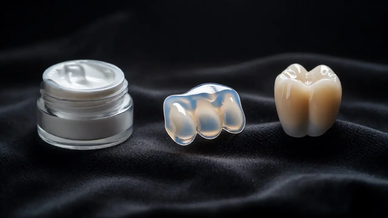 Porovnání materiálů: kompozit, keramická náplast a korunka