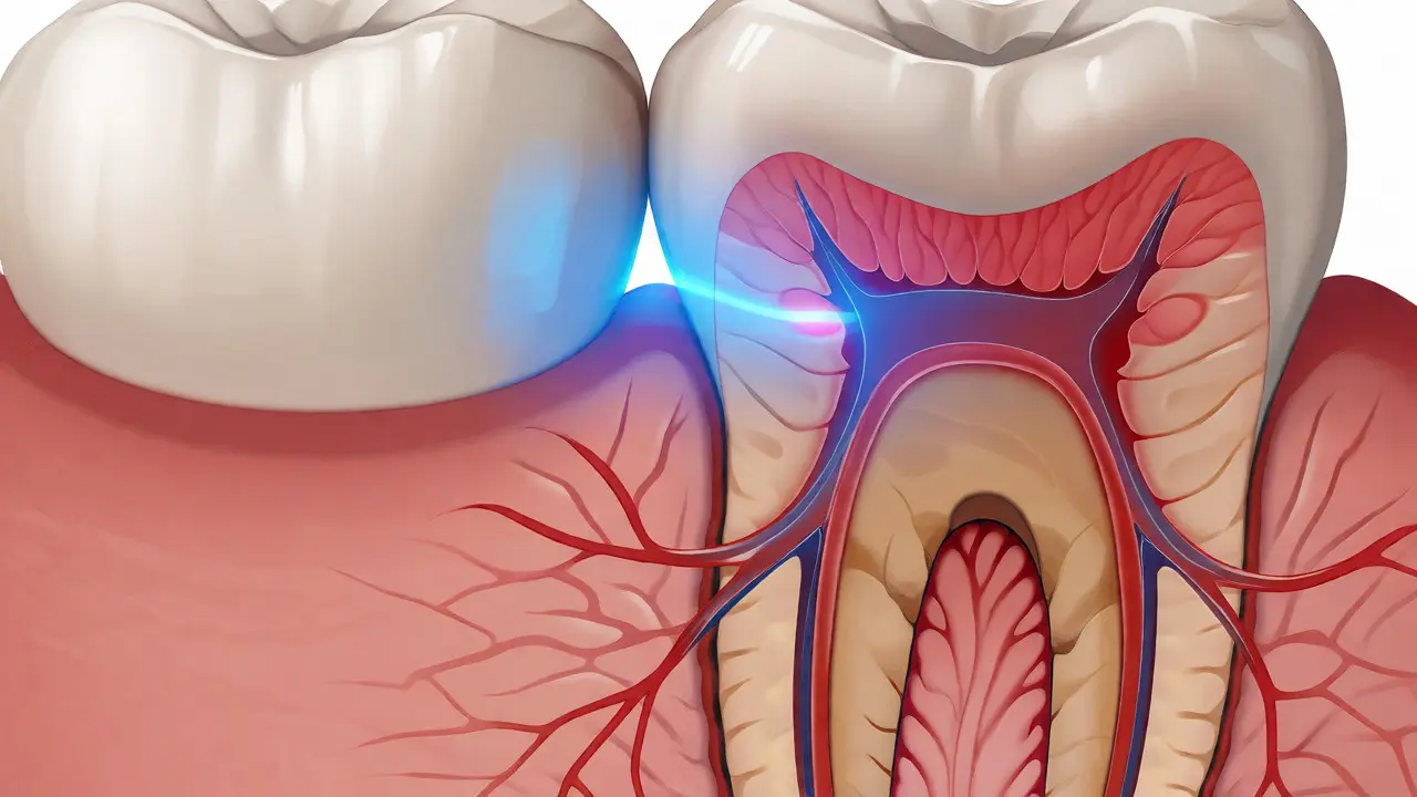 Průřez zubem znázorňující mezizubní kaz a zánět nervu v dentinu.