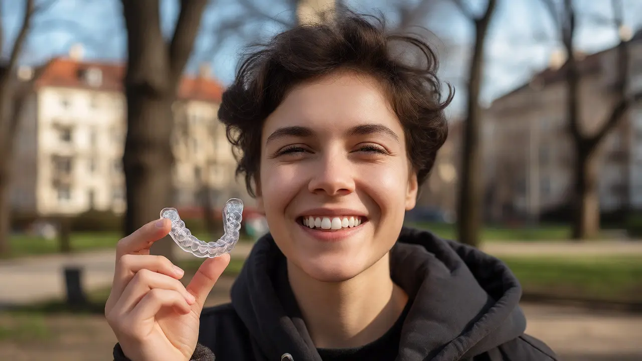 Spokojený člověk drží individuální bělicí šablonu zubů