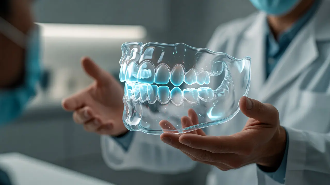 Zubní lékař ukazuje pacientovi holografický 3D model budoucího úsměvu s fazetami.